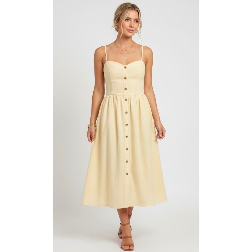 Abercrombie & Fitch Yellow Linen Blend Button Front Midi Dress XS Cottagecore